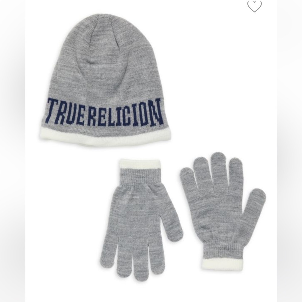 TRUE RELIGION gray and white beanie and gloves set , NWT​